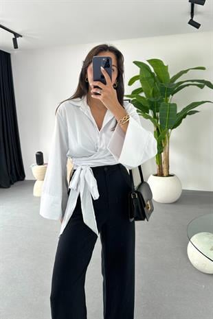 Porse Beyaz Beli Bağlamalı Gömlek