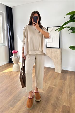 Sevsan Bej Garnili Modal Sweatshirt Pantolon Takım