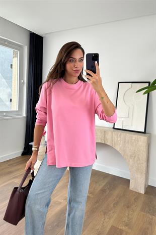 Merlin Şeker Pembe Yırtmaç Detaylı Oversize Sweatshirt