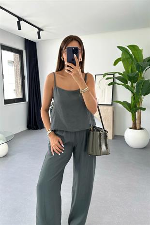 Lina Koyu Haki Ayarlanabilir İp Askılı Bluz Pantolon Takım