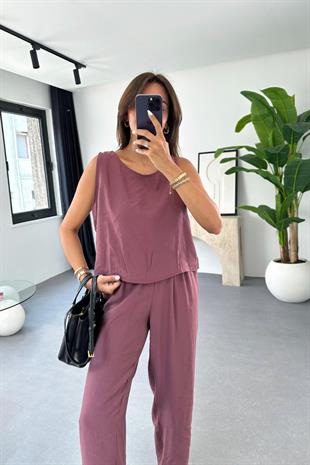 Mona Mürdüm Beli Bağlamalı Bluz Pantolon Takım