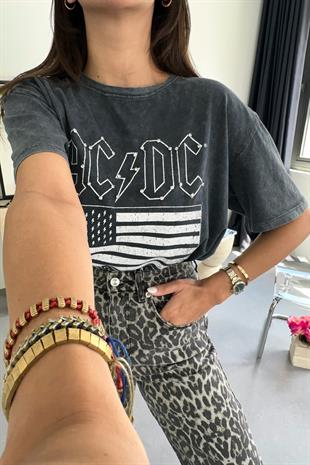 AcDc Antrasit Yıkamalı Tişört