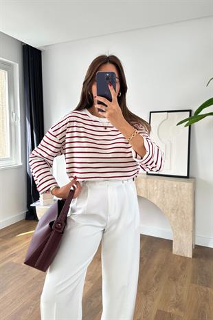 Cesina Beyaz Bordo Çizgili Bisiklet Yaka Sweatshirt