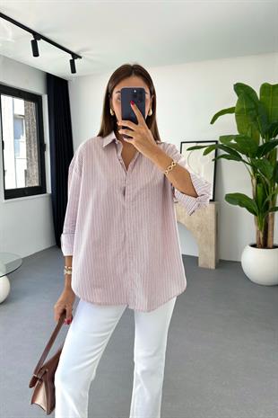 Mores Beyaz Renkli Çizgili Dökümlü Gömlek