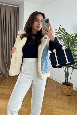 Kürk Astar Detaylı Denim Yelek