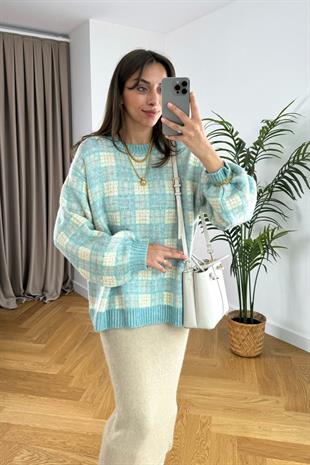 Tanex Yeşil Kareli Bisiklet Yaka Triko