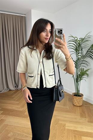 Jujuyo Ekru Cep Detaylı Hırka