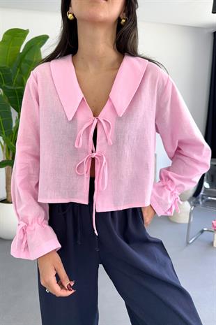 Enika Pembe Keten Önü Bağlamalı Bluz