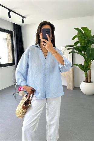 Mela Mavi Çizgili Oversize Gömlek