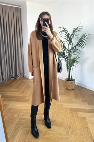 Goxeto Camel Şal Yaka Cepli Çelik Triko Hırka