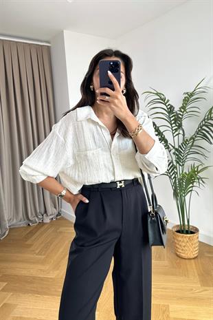 Taş Rengi Kendinden Dokulu Cep Detaylı Gömlek