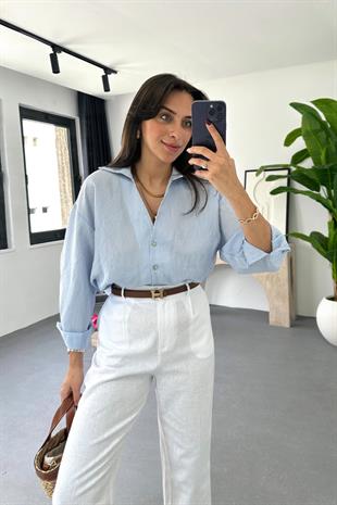 Mela Mavi Çizgili Oversize Gömlek