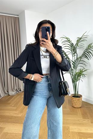 ZR Siyah Kendinden Çizgili Blazer Ceket