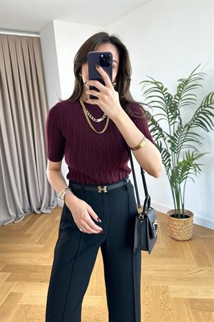 Erax Bordo Fitilli Yarım Kol Triko