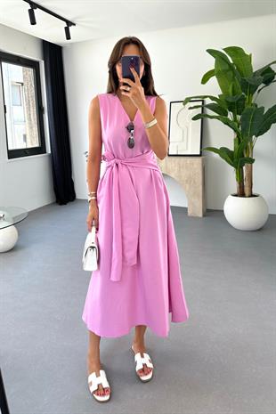 Fenty Pembe V Yaka Kuşaklı Elbise