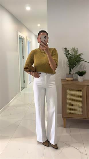 Adelina Beyaz Geniş Paça Jean