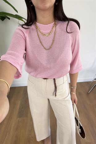 Adore Pembe Reglanlı İnce Triko