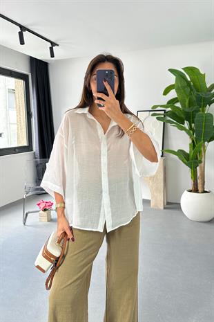 Nose Beyaz Transparan Dökümlü Gömlek