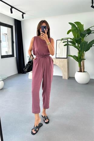 Mona Mürdüm Beli Bağlamalı Bluz Pantolon Takım