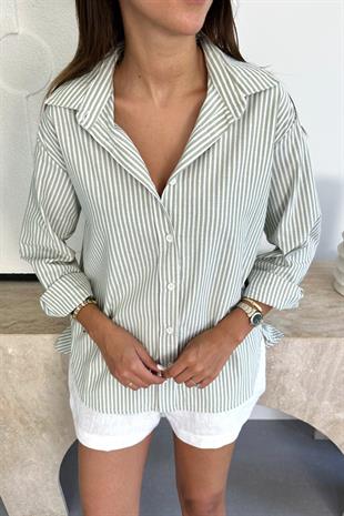 Lenora Beyaz Yeşil Çizgili Keten Gömlek