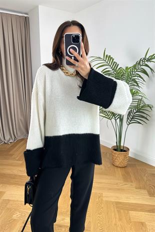 Rina Ekru Çift Renk Kol Detaylı Triko