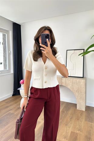 MD Pansoe Kırık Beyaz Düğme Detaylı Triko Hırka