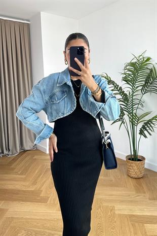 Mavi Cep Detaylı Crop Denim Ceket