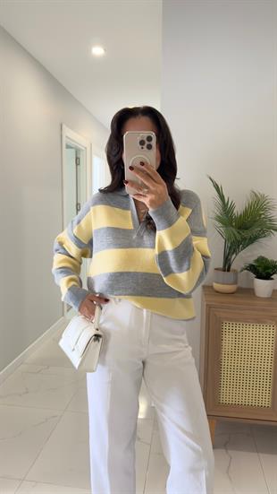 Alara Gri Sarı Polo Yaka Şeritli Triko