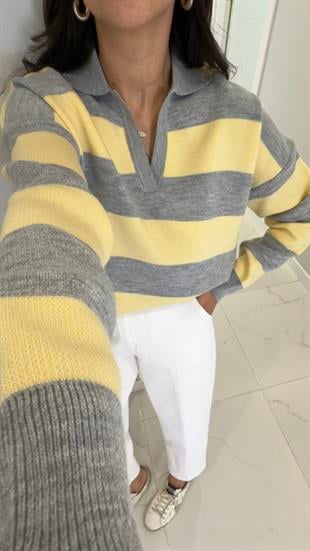 Alara Gri Sarı Polo Yaka Şeritli Triko