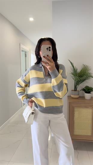 Alara Gri Sarı Polo Yaka Şeritli Triko