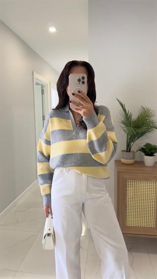 Alara Gri Sarı Polo Yaka Şeritli Triko