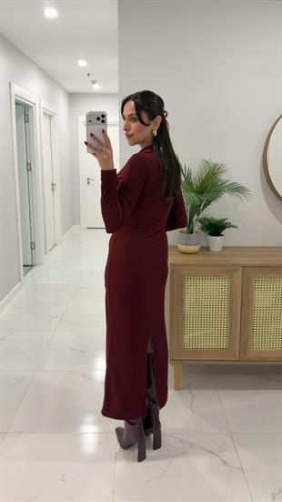 Aldosra Bordo Çıtçıt Düğme Detaylı Fitilli Triko Elbise
