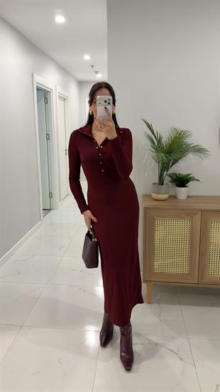 Aldosra Bordo Çıtçıt Düğme Detaylı Fitilli Triko Elbise