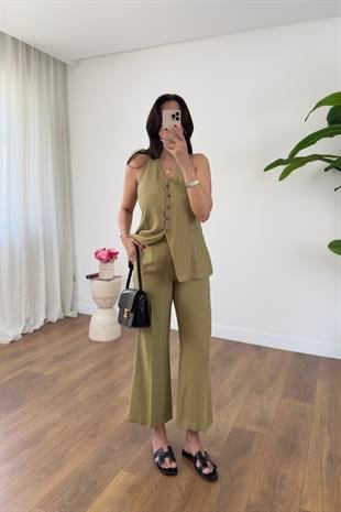 Aleha Olive Sırt T Detaylı Yelek Pantolon Takım