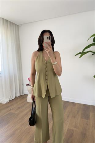 Aleha Olive Sırt T Detaylı Yelek Pantolon Takım