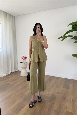 Aleha Olive Sırt T Detaylı Yelek Pantolon Takım