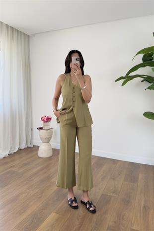 Aleha Olive Sırt T Detaylı Yelek Pantolon Takım
