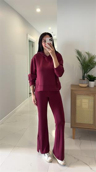 Alina Bordo Çıtçıt Detaylı Kapüşonlu Sweat Pantolon Takım