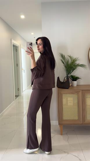 Alina Kahve Çıtçıt Detaylı Kapüşonlu Sweat Pantolon Takım