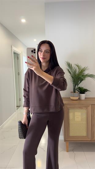Alina Kahve Çıtçıt Detaylı Kapüşonlu Sweat Pantolon Takım