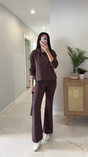 Alina Kahve Çıtçıt Detaylı Kapüşonlu Sweat Pantolon Takım