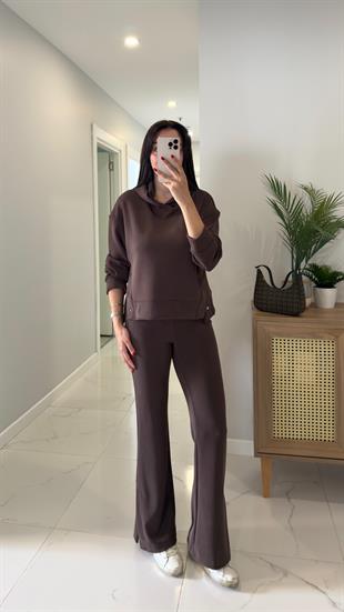 Alina Kahve Çıtçıt Detaylı Kapüşonlu Sweat Pantolon Takım