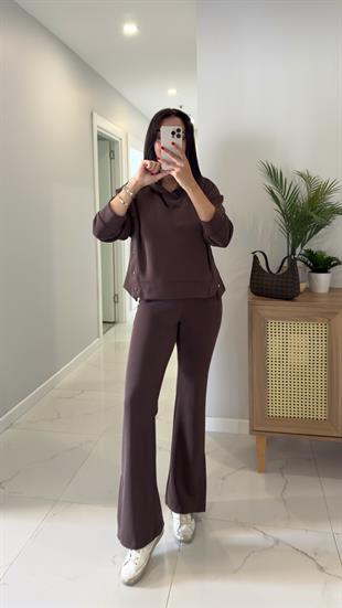 Alina Kahve Çıtçıt Detaylı Kapüşonlu Sweat Pantolon Takım