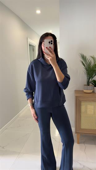 Alina Lacivert Çıtçıt Detaylı Kapüşonlu Sweat Pantolon Takım