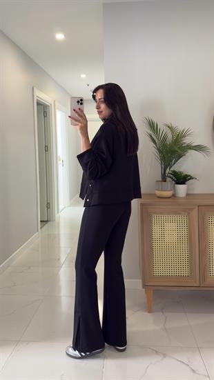 Alina Siyah Çıtçıt Detaylı Kapüşonlu Sweat Pantolon Takım