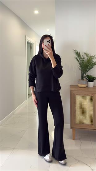Alina Siyah Çıtçıt Detaylı Kapüşonlu Sweat Pantolon Takım