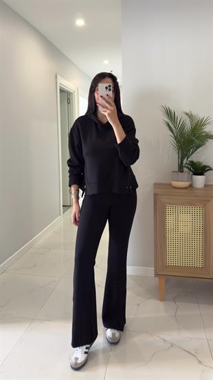 Alina Siyah Çıtçıt Detaylı Kapüşonlu Sweat Pantolon Takım