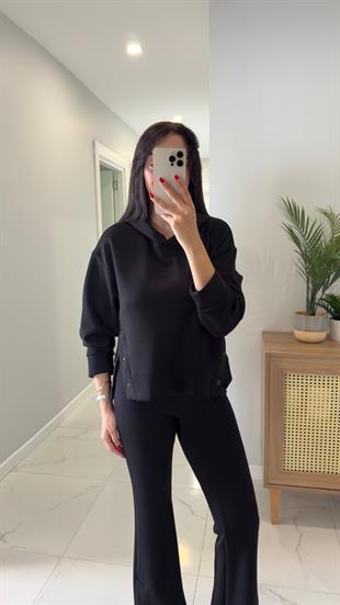 Alina Siyah Çıtçıt Detaylı Kapüşonlu Sweat Pantolon Takım
