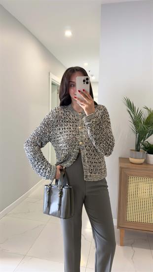 Amore Işıltı İplikli Gold Düğme Detaylı Ajurlu Hırka