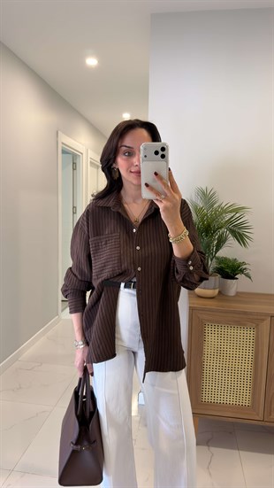 Amotre Kahve Çizgi Dokumalı Oversıze Gömlek